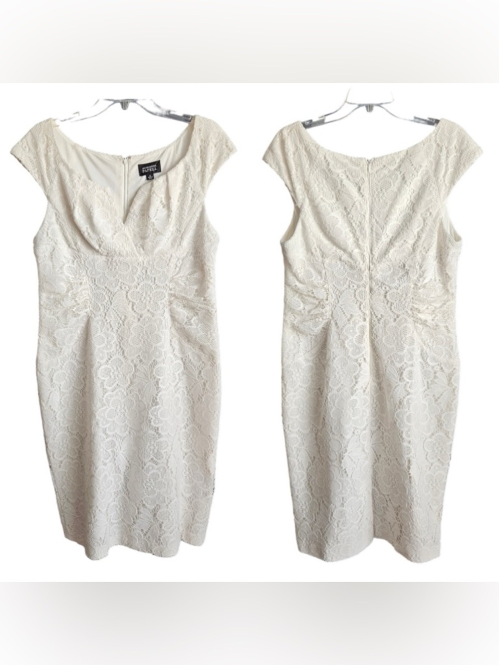 ⭐️2/$77⭐️Adriannaq Papell Ivy White Crochet Lace Side Ruched Dress Size 14